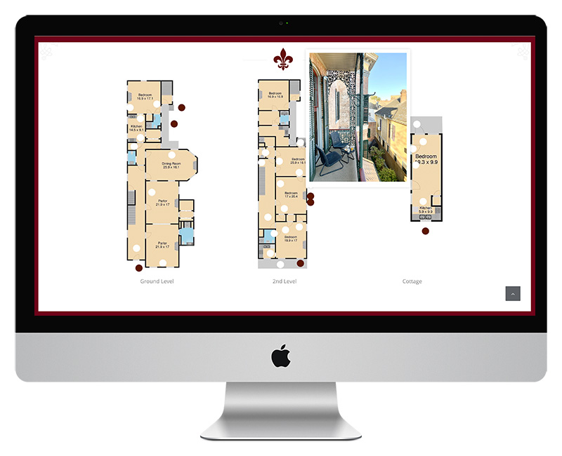Floor plan with hotspots linked to images giving a virtual tour of the Lanaux Mansion